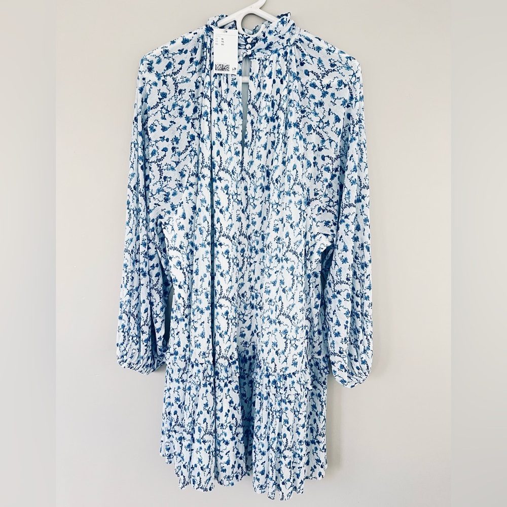 Blue Floral High-Neck Dress